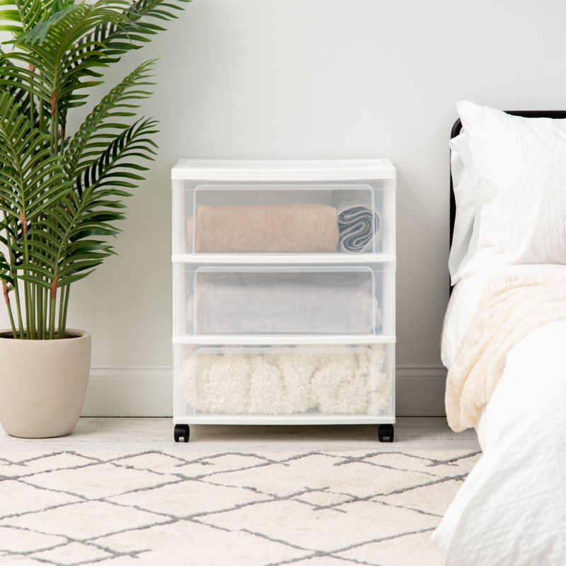 Wide Storage Drawer Cart with Casters - Portable Plastic Organizer, White & Clear