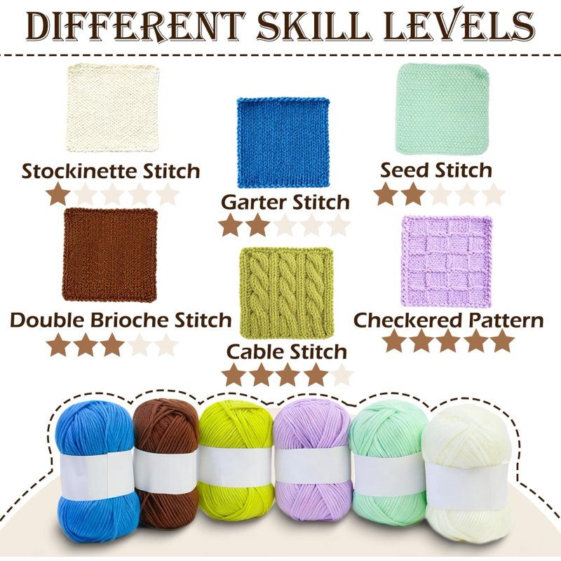 Beginner Knitting Kit for 6 Patterns with Yarn Needles & Accessories