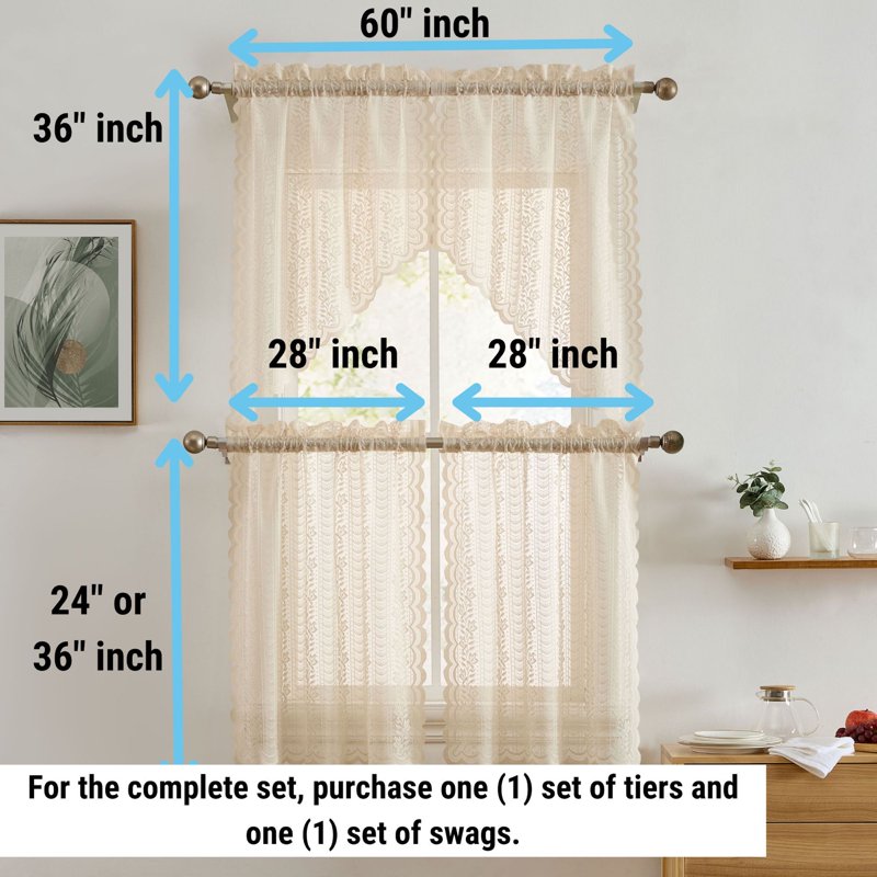 Semi Sheer Lace Window Curtain Tiers for Small Windows - Set of 2