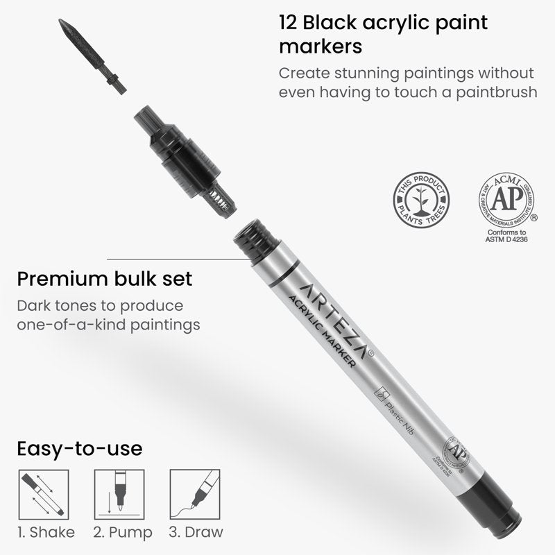 Arteza Acrylic Paint Markers, Fine Nib, Black – 12 Count (Variation: 12, Black)