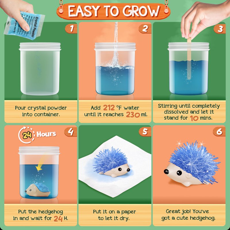 Crystal Hedgehog Growing Kit for Kids - STEM Science & Arts & Crafts Educational Toy, 2-Pack, Fast 24-Hour Crystals