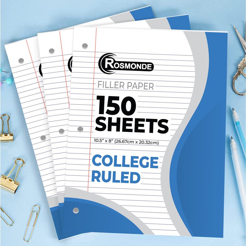 Loose Leaf Paper 6 Pack - College Ruled 8x10.5 Inch, 3-Hole Punched for Binders