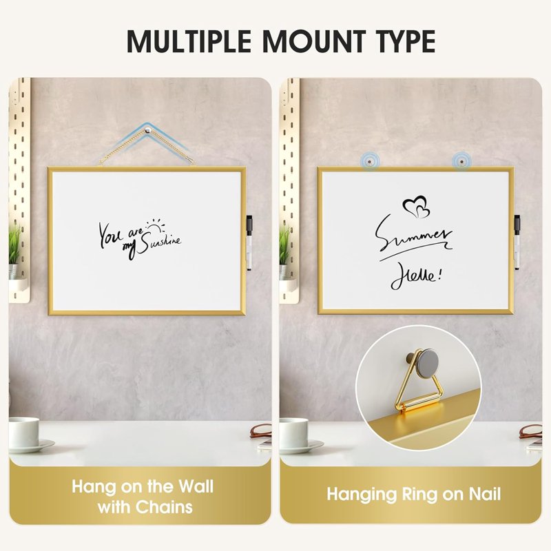 Small Double-Sided Dry Erase Board with Gold Frame, 16 x 12 Inches, Wall Mountable, Includes Marker