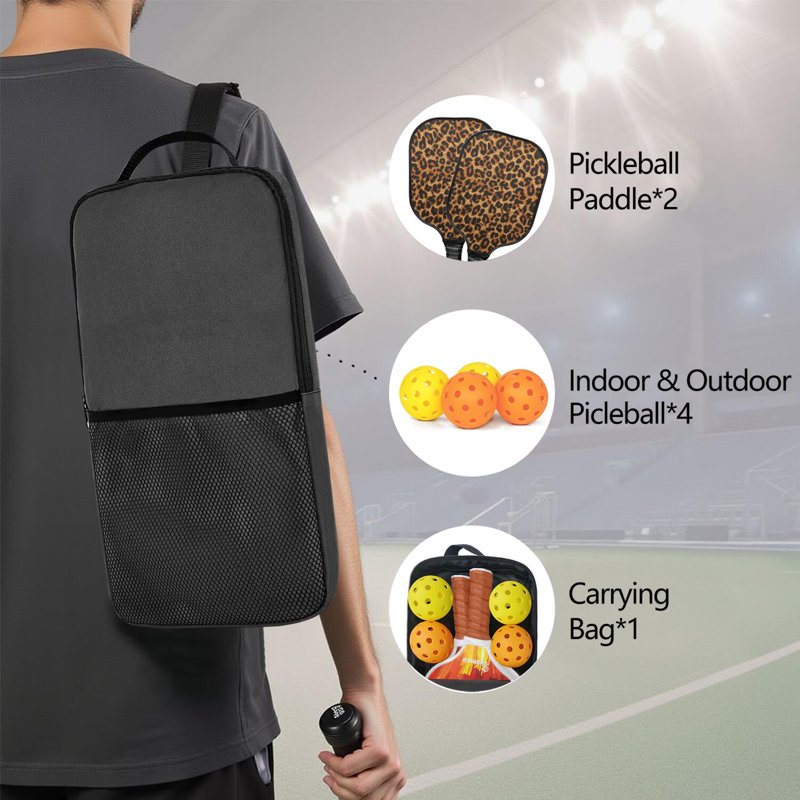 Leopard Fiberglass Pickleball Paddle Set - 2 Paddles, 4 Balls & Carry Bag (Black-2)