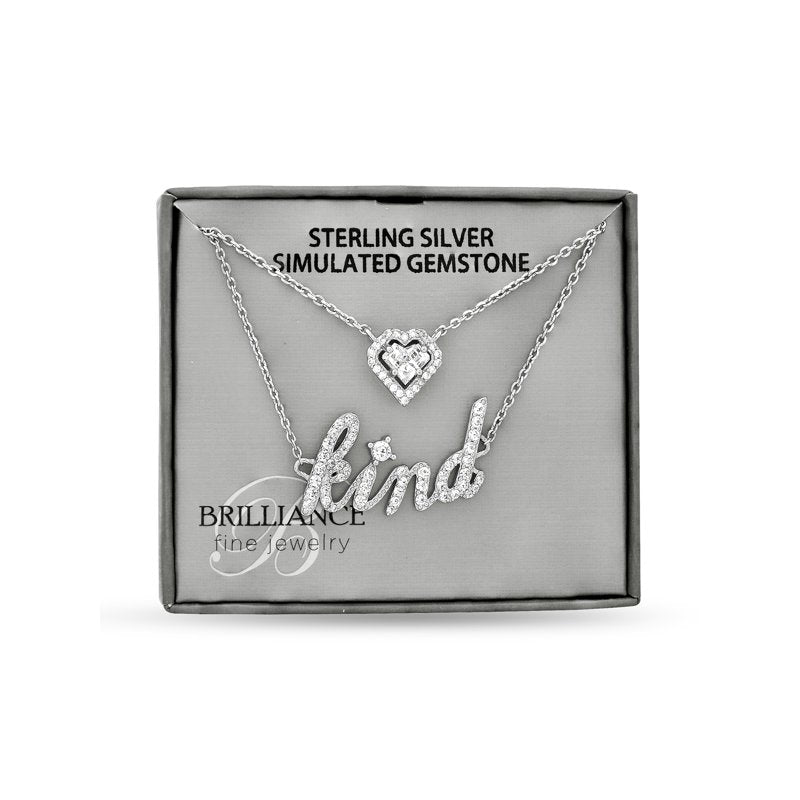 Two-Layer Sterling Silver Necklace with Cubic Zirconia Heart & Kind Charm