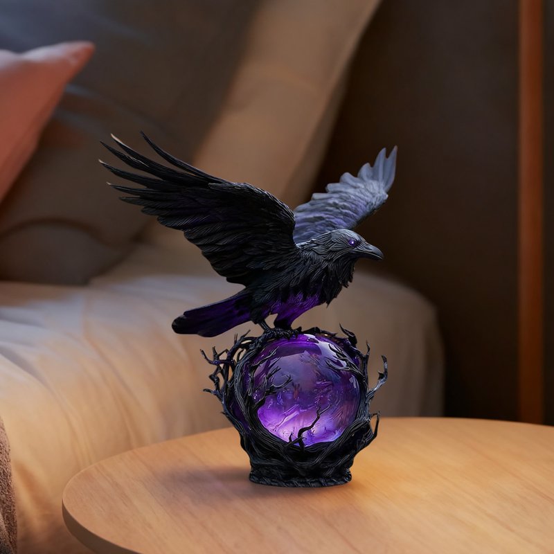 Gothic Raven Night Light Sculpture with Glowing Orb - Dark Academia Indoor Decor