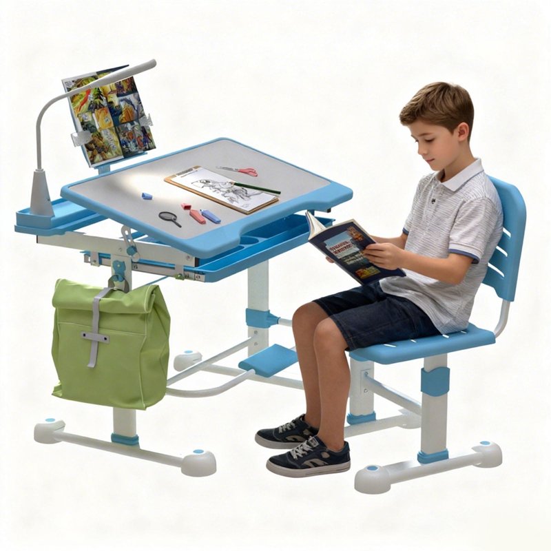 Height Adjustable Kids Desk and Chair Set with LED Light & Storage Drawer