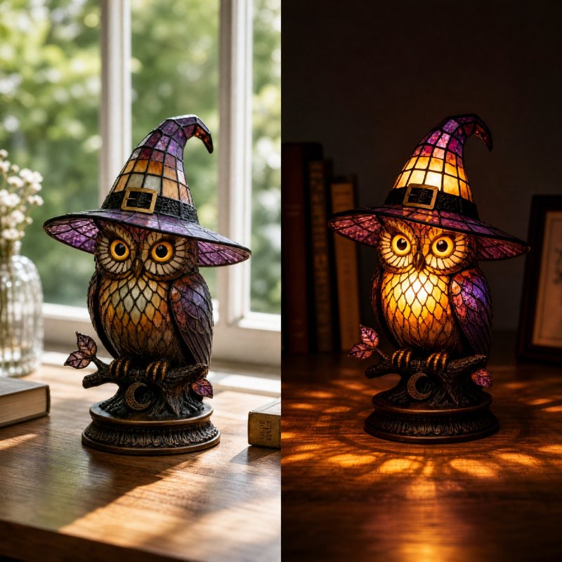 Halloween Witch Owl Night Light - Stained Glass Style Acrylic Table Lamp for Autumn & Holiday Decor