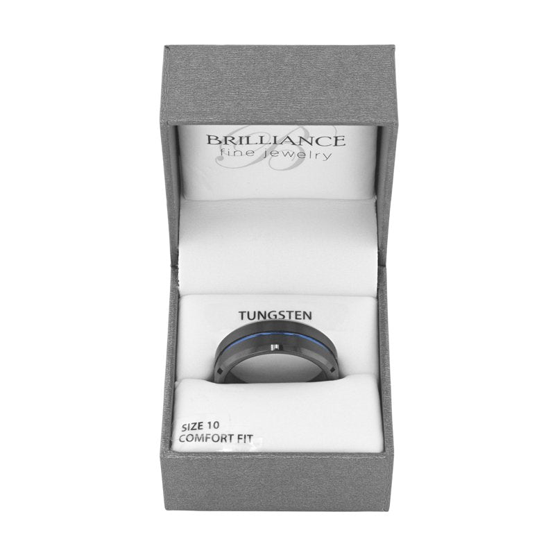 Men's Tungsten Wedding Band 8mm Grooved Comfort Fit Black & Blue Ring