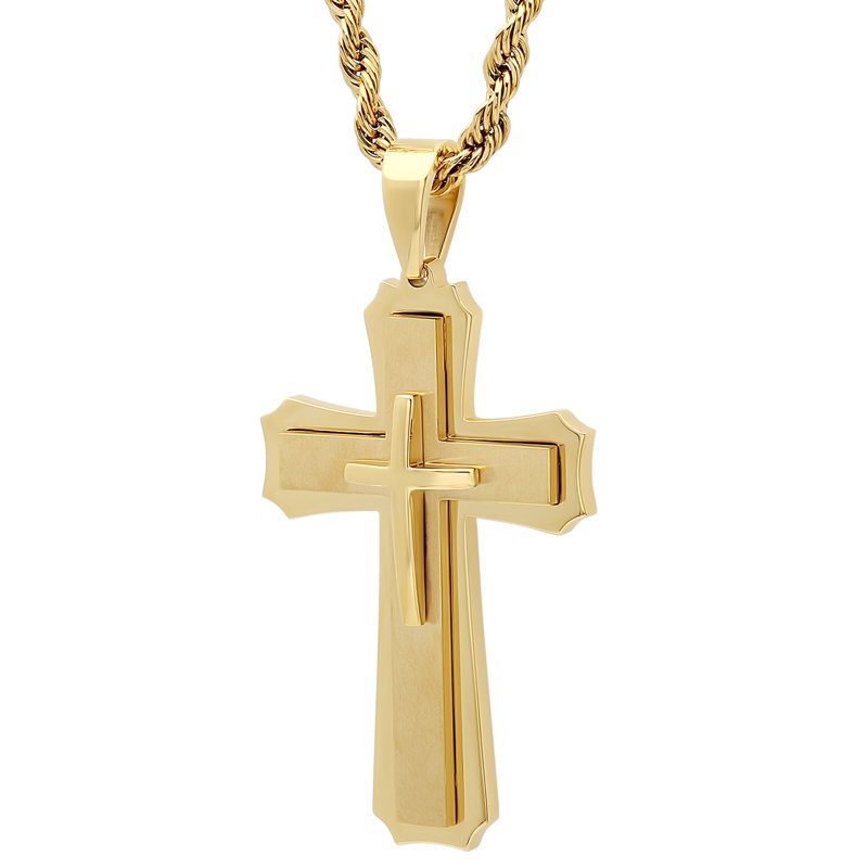 Mens Gold-Tone Stainless Steel Cross Pendant Necklace with Chain