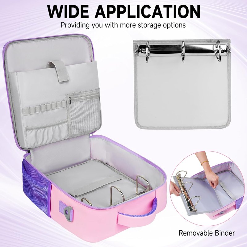 3-Inch Zipper Binder Bag with 700 Sheets Capacity, Detachable Straps, Portable Document Organizer - Pink & Purple