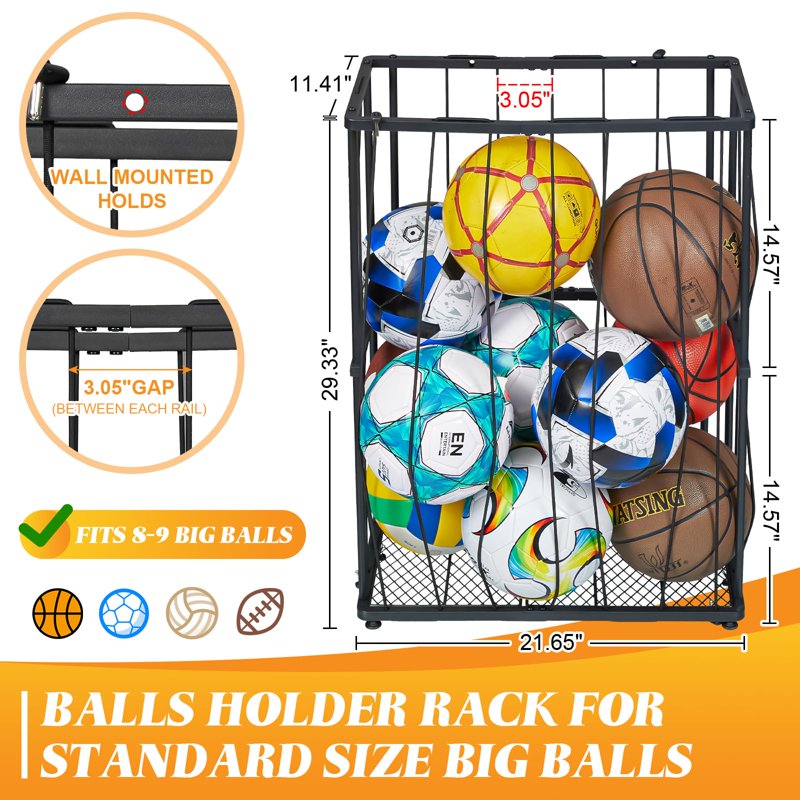 Wall & Floor Ball Rack Organizer for Sports Balls - Holds Up to 8 Large Balls