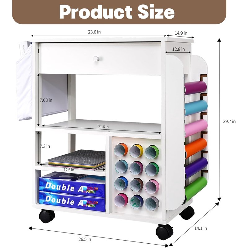 Craft Storage Rolling Cart with Vinyl Roll Holders and Drawer - Mobile Organizer for Cricut and Craft Supplies