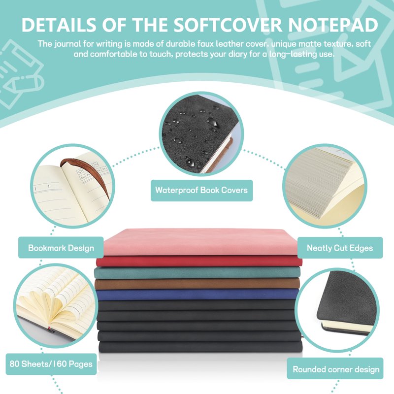 5 Pack Lined Journal Notebooks - A5 Soft Cover Leather Bulk Journals for Writing