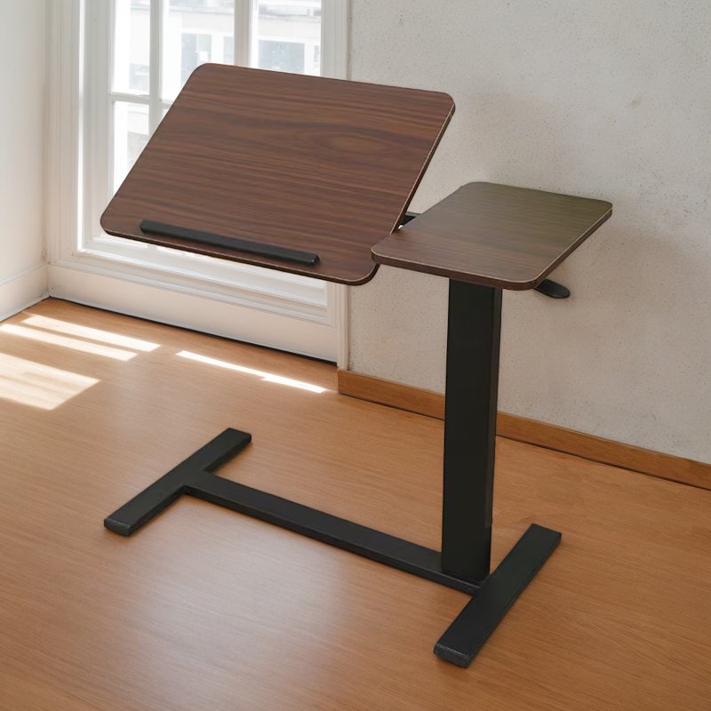 Overbed Table Folding Laptop Desk with Wheels - Walnut & Black, Height Adjustable, Tilting Bedside Table