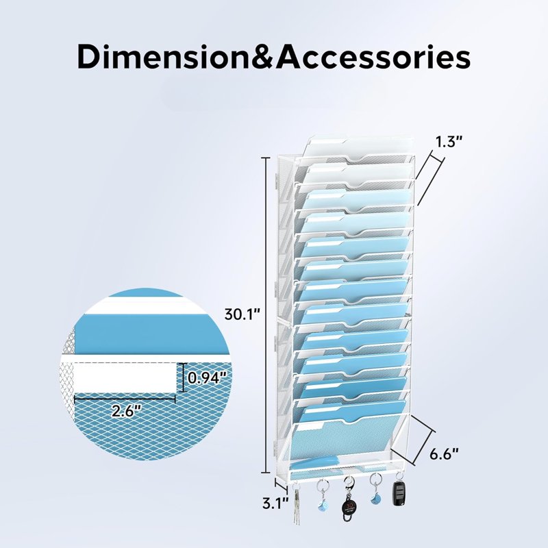 13-Tier Metal Wall File Organizer with Hooks - Office Paper & Magazine Storage