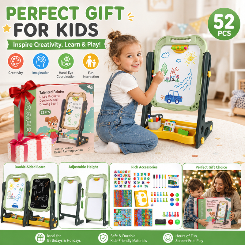 Kids Double Sided Magnetic Drawing & Learning Easel - Adjustable Height Art Board for Toddlers 2-6 Years