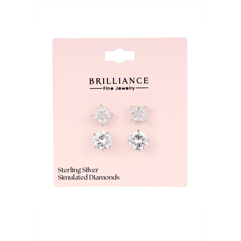 Sterling Silver Simulated Diamond Earring Set - Round & Square Studs for Women