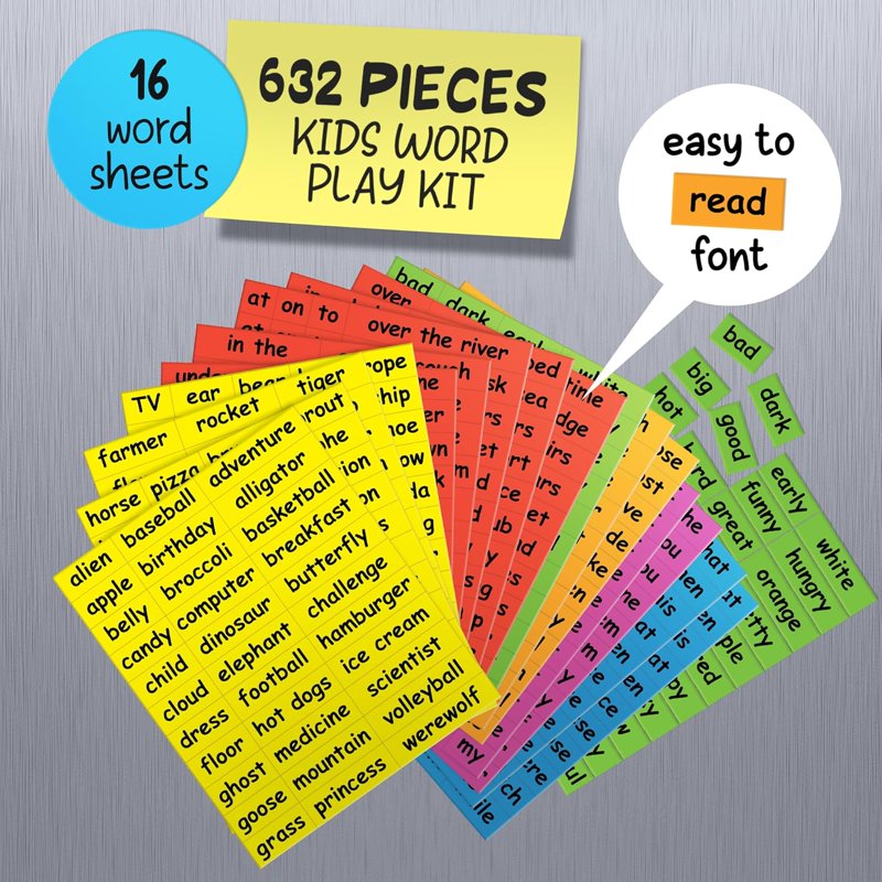 Kids Magnetic Word Play Set - 632 Color-Coded Sentence Building Magnets for Refrigerator