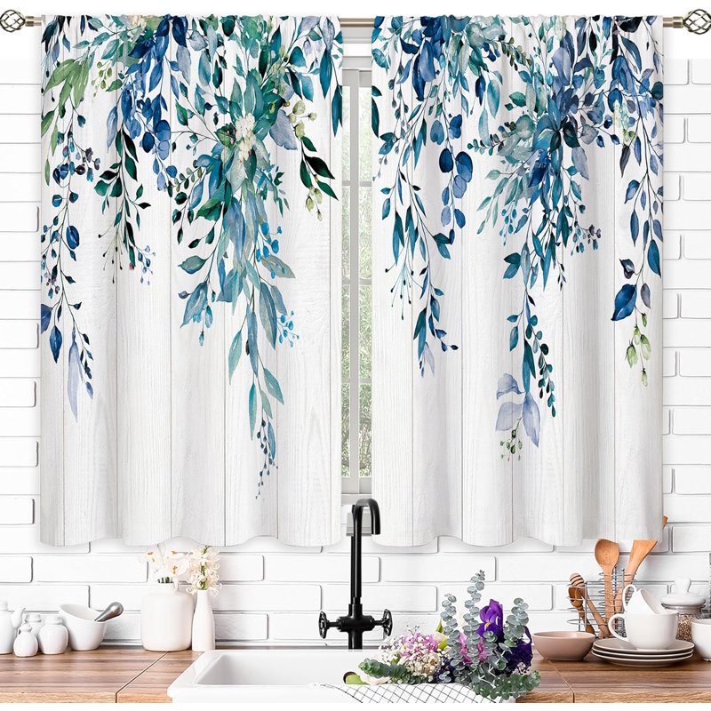 Farmhouse Botanical Kitchen Curtains Set - Blue Leaves Window Treatment 27.5x39 inch