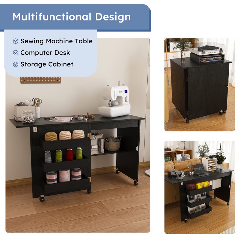 Multi-Functional Folding Sewing Table with Lockable Wheels and Storage Cabinets