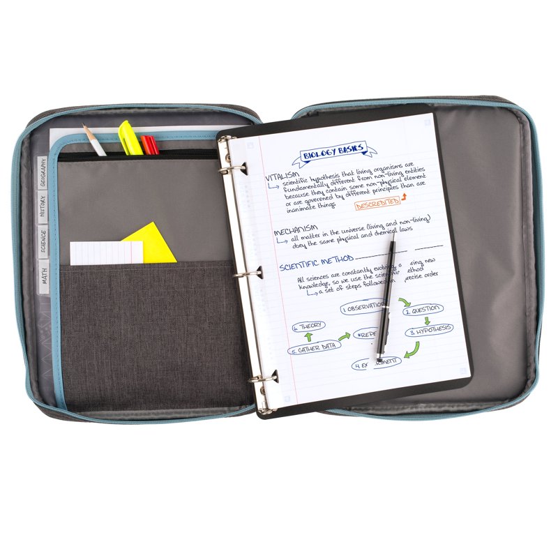 1 Inch Zipper Binder with Internal Pockets and Dividers - Gray/Teal