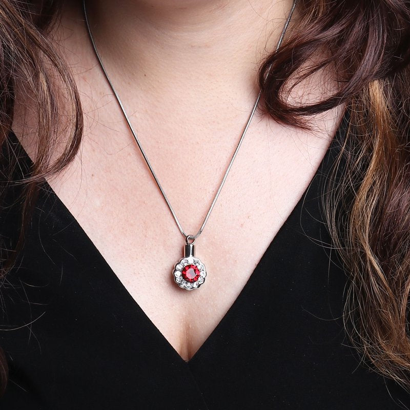 Round Crystal Rhinestone Flower Cremation Necklace for Ashes Memorial Pendant