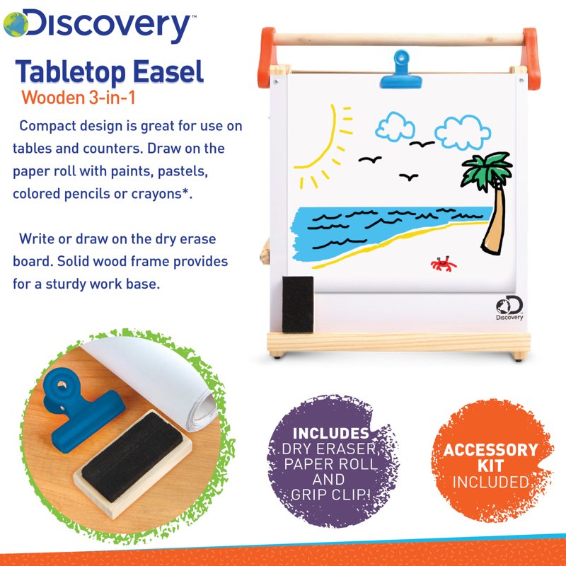Discovery Kids 3-in-1 Tabletop Art Easel with Whiteboard Chalkboard & Paper Roll