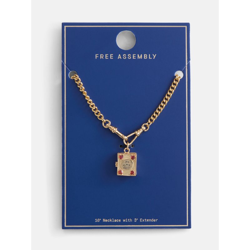 Gold-Tone Book Pendant Necklace with Cubic Zirconia for Women