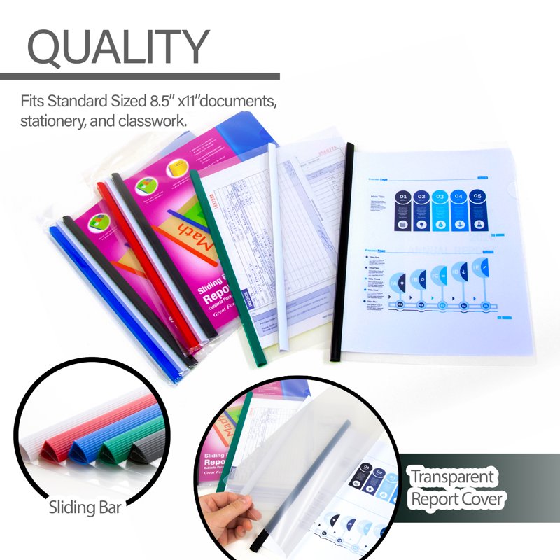 Clear Front Report Covers with Sliding Bar 3 Pack - Letter Size Organizer