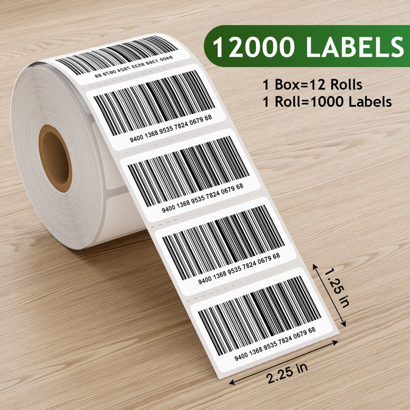 Thermal Label Rolls 2.25x1.25 Inches - 12 Rolls, 12,000 Labels for Shipping & Inventory