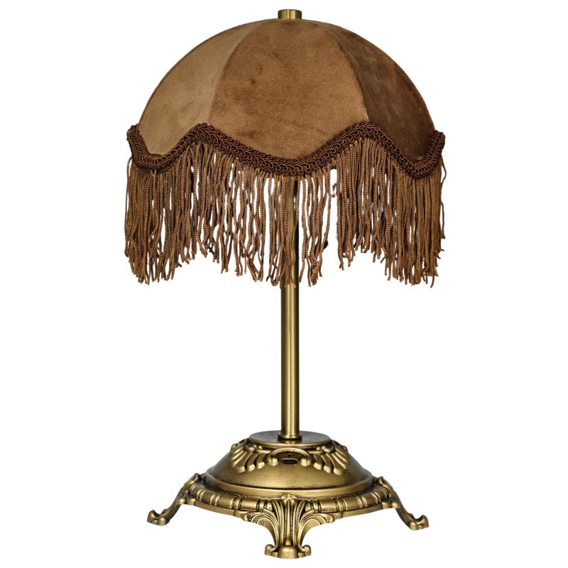 Rechargeable Victorian Style Velvet Fringe Table Lamp with Antique Gold Base