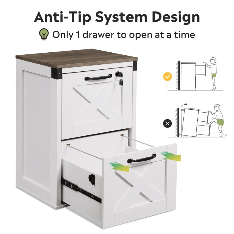2-Drawer File Cabinet with Lock and Key, Farmhouse Style, White