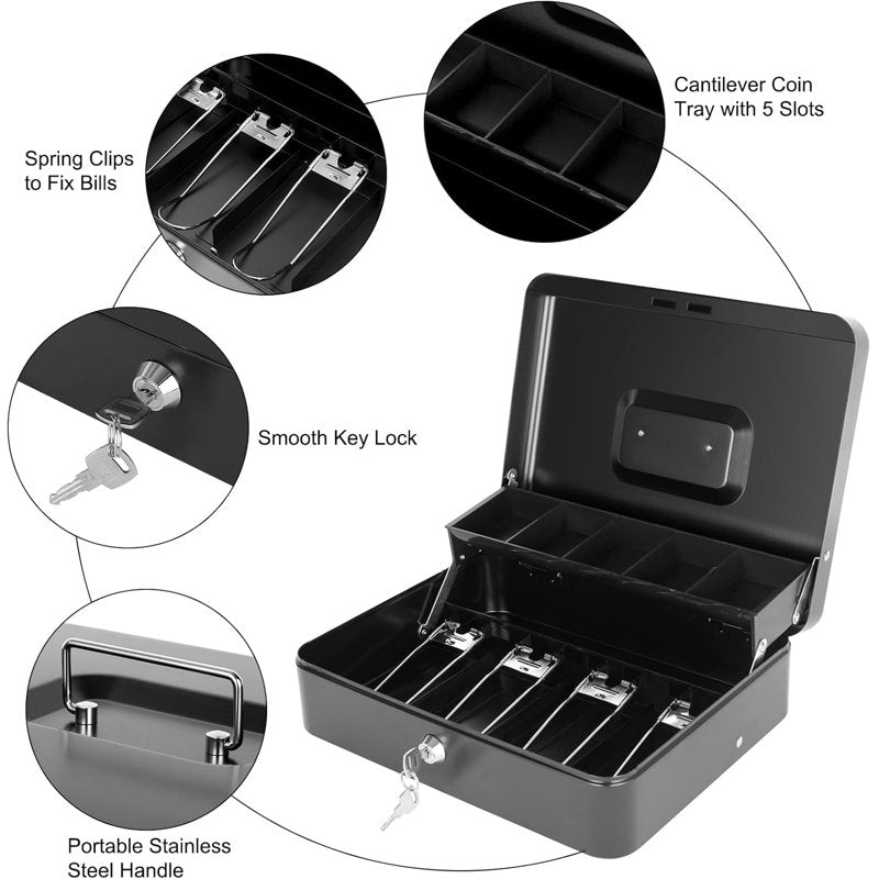 Metal Cash Box with Coin Trays and Lock for Secure Money Storage