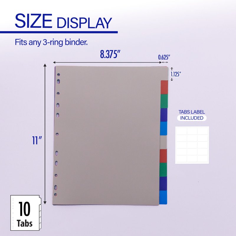 10-Color Binder Dividers with Tabs - 11-Hole Index Tabs, Multi Pack