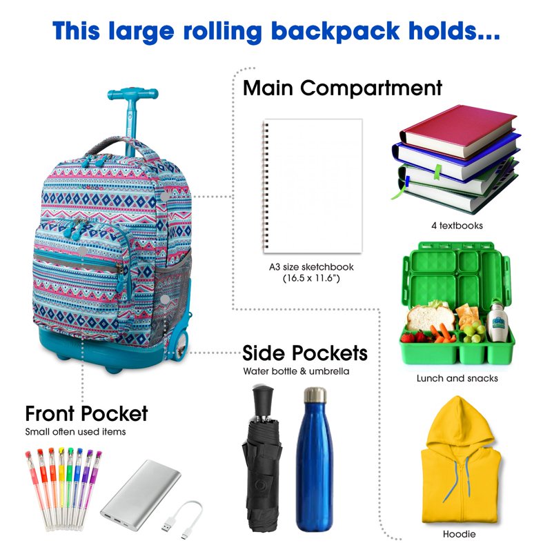 Girls 18-Inch Rolling Backpack for School and Travel - Mint Tribal Pattern