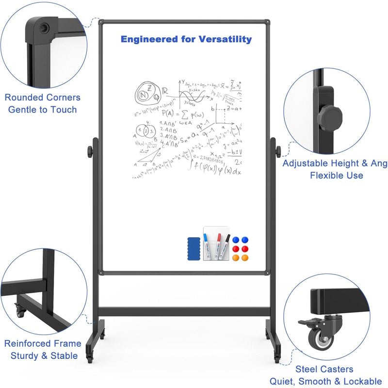 Double-Sided Magnetic Whiteboard on Wheels - Adjustable Height, Reversible Surface for Office & Home