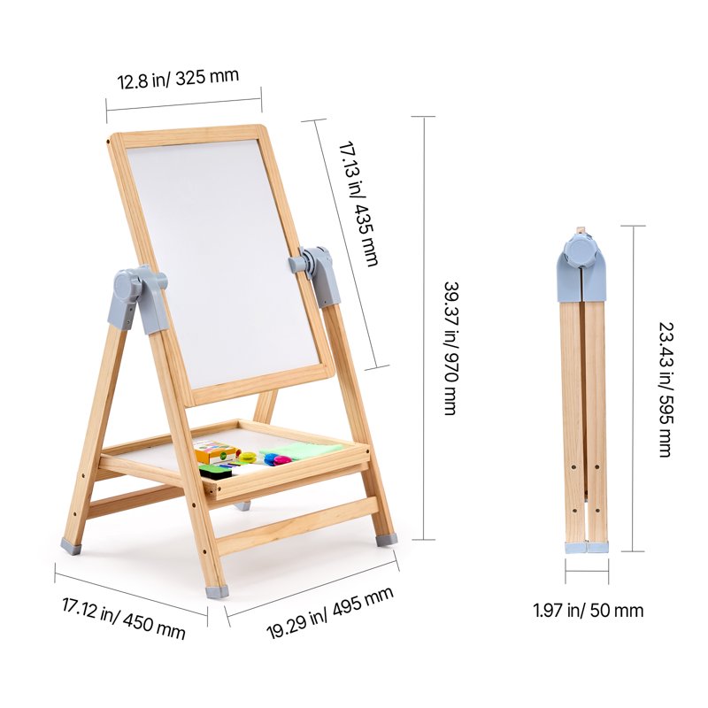 Kids Art Easel with Whiteboard & Chalkboard - Adjustable Double-Sided Wooden Drawing Station