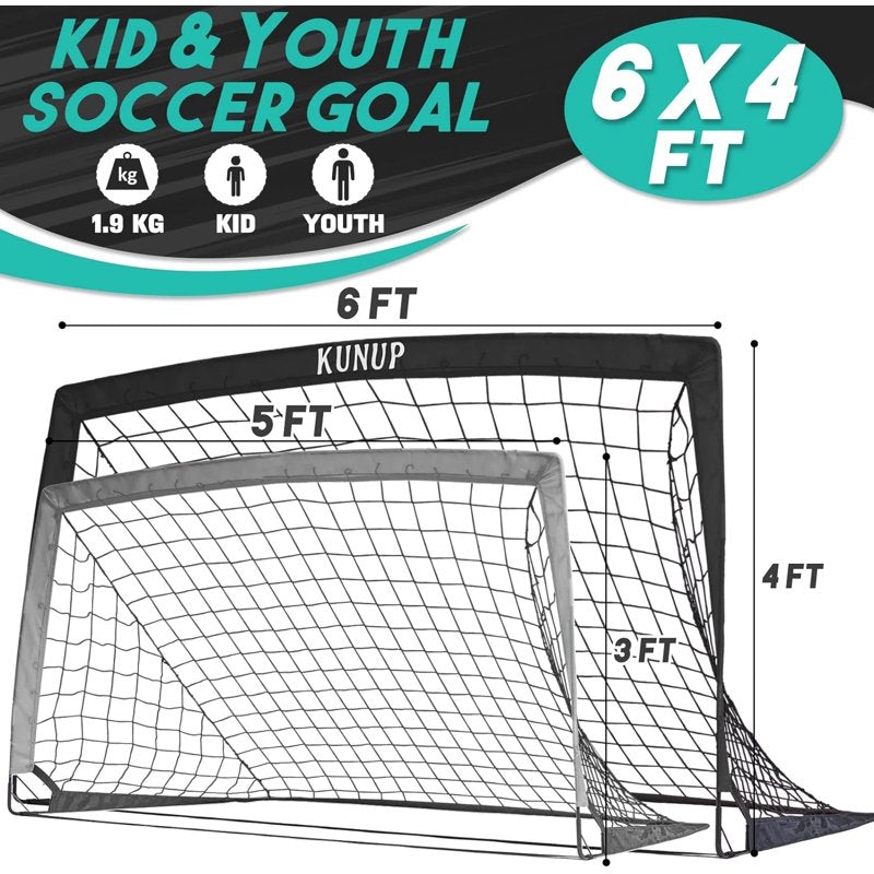 Kids 6x4ft Backyard Soccer Goal - Large Portable Folding Net with Carry Bag (Black) - Outdoor Soccer Training