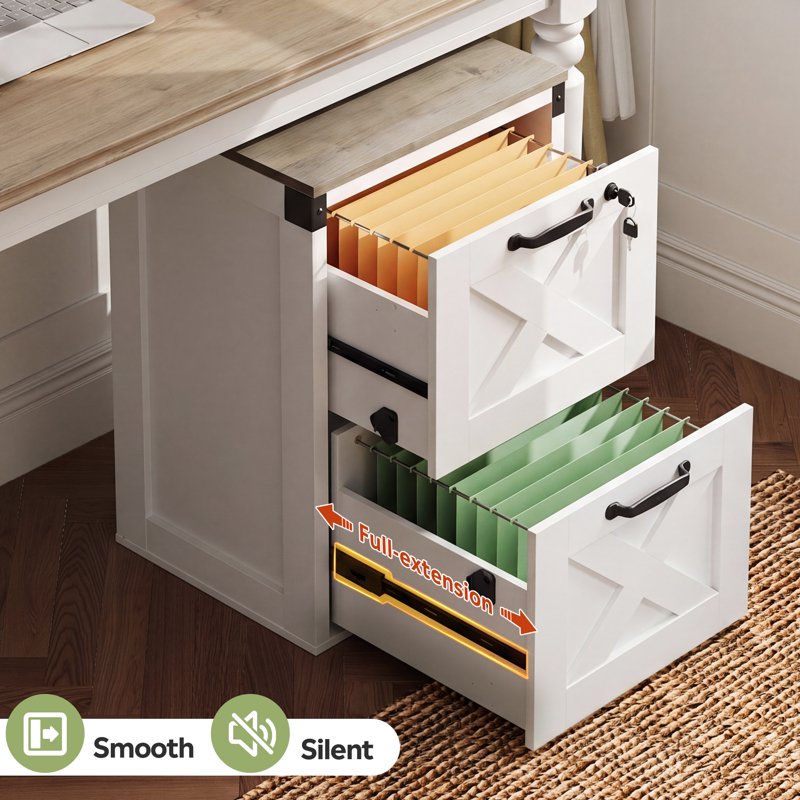 2-Drawer File Cabinet with Lock and Key, Farmhouse Style, White