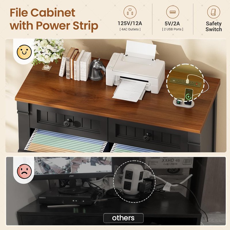 Farmhouse 4-Drawer File Cabinet with Power Outlets, Black and Brown Wood Office Storage