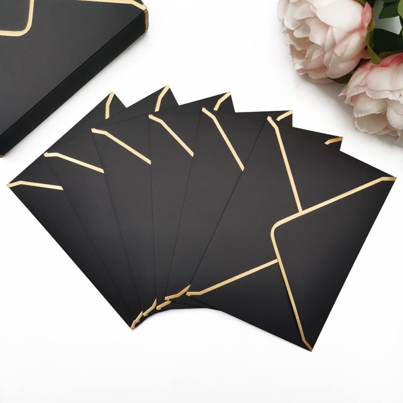 50 Pack A7 Invitation Envelopes Black V-Flap Gold Border 5x7 Inch for Weddings and Events