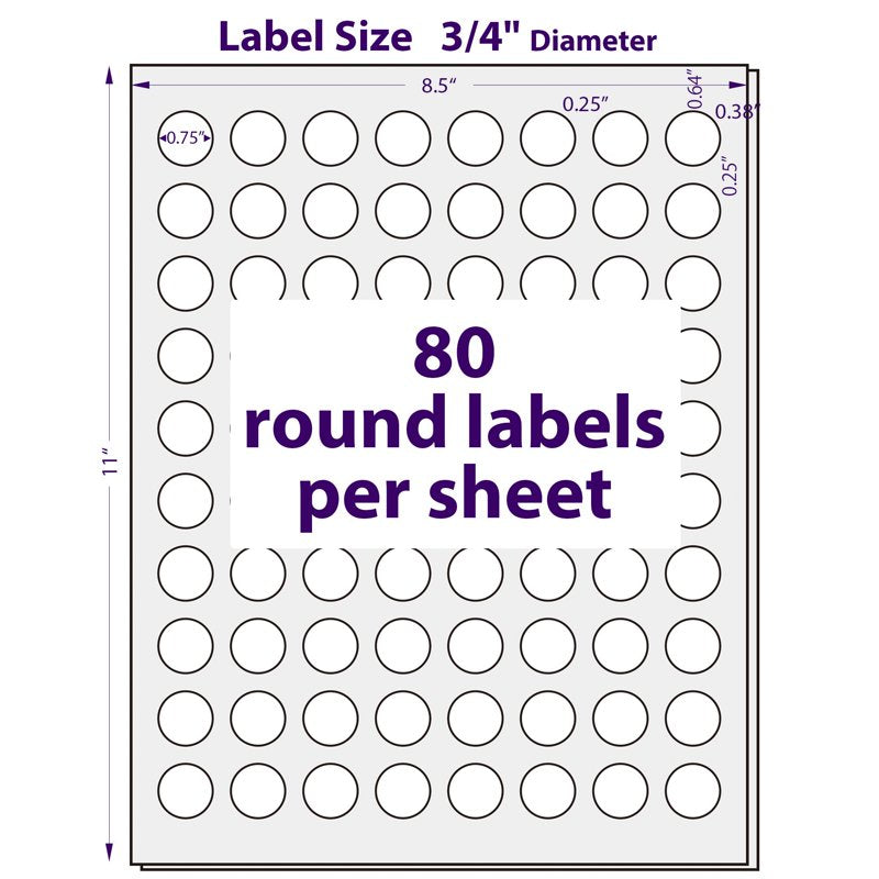 Printable Round Label Stickers - 0.75 Inch White Circular Labels, 2000 Sheets
