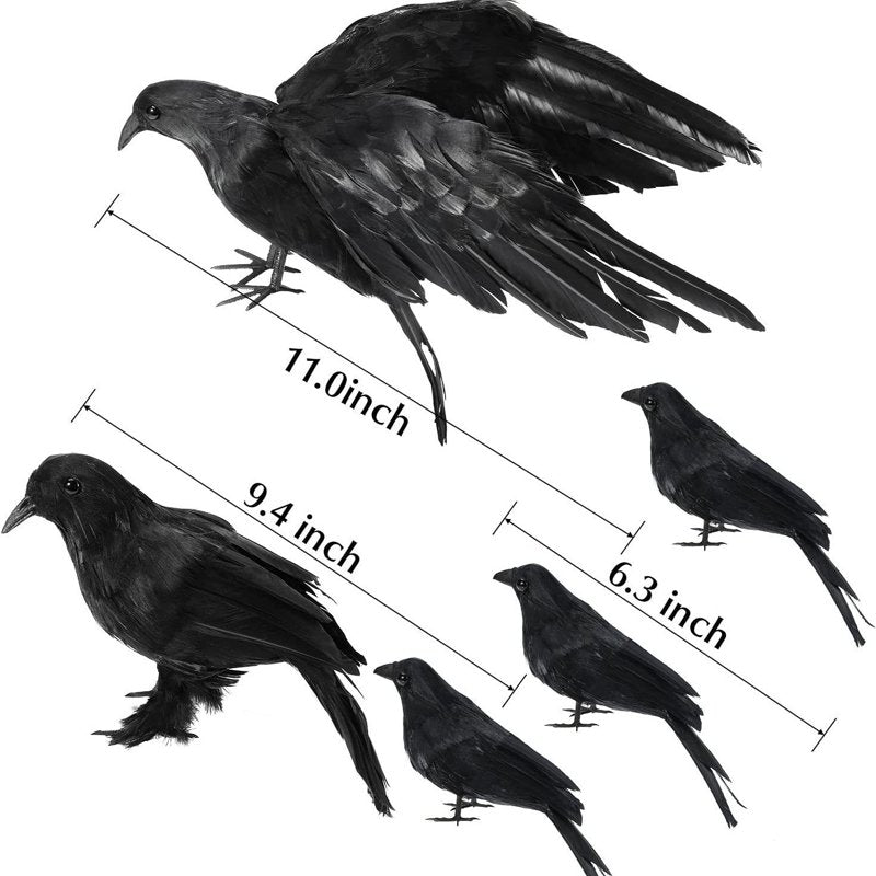 Realistic Crow Decorations Set for Halloween & Party Decor - 5 Pcs Black Ravens