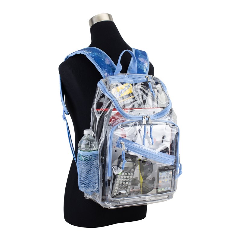 Unisex Clear Top Loader Backpack with Multiple Compartments - Light Blue Galaxy