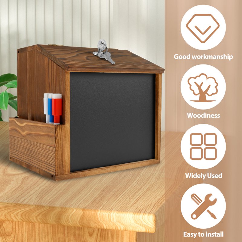 Wood Suggestion Box with Lock & Chalkboard - Wall & Countertop Mountable Donation & Comment Box