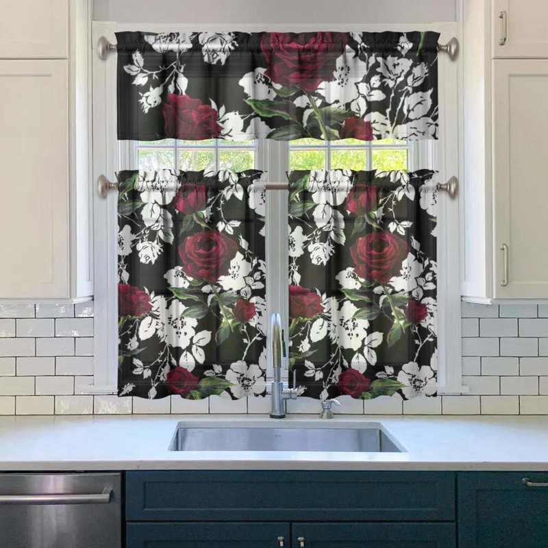 Kitchen Curtain and Valance Set 36 Inch Tier Bloom Red White Rose 3 Pieces