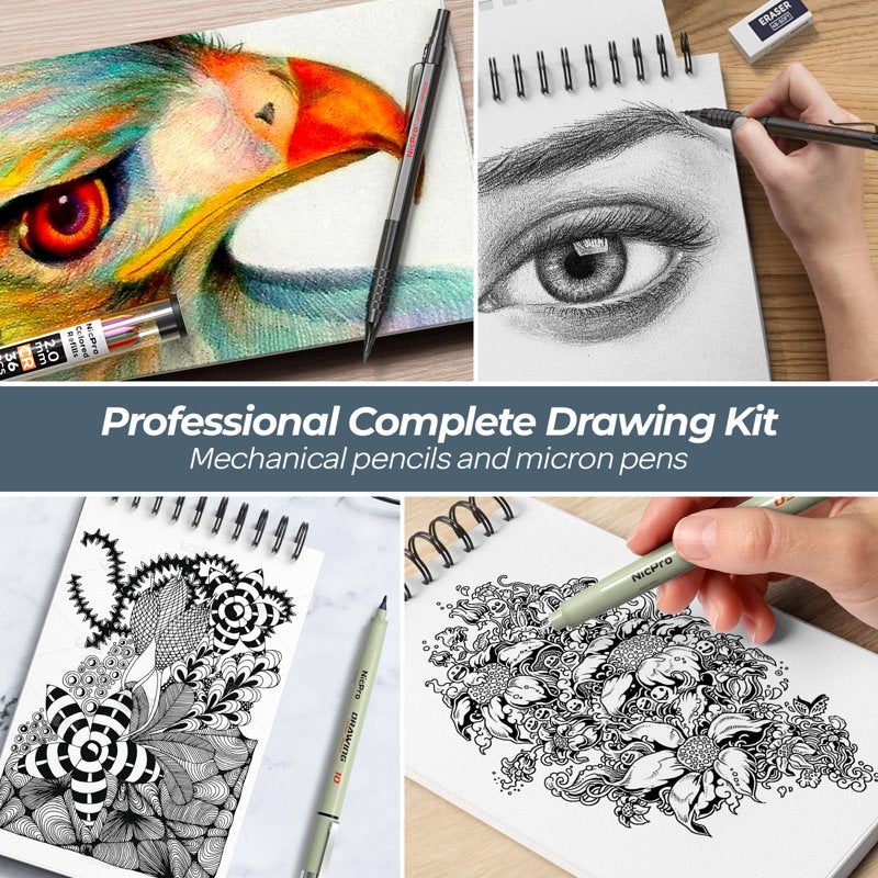 Art Drawing Supplies Kit with Leather Case - Mechanical Pencils, Micron Pens & Sketchbook