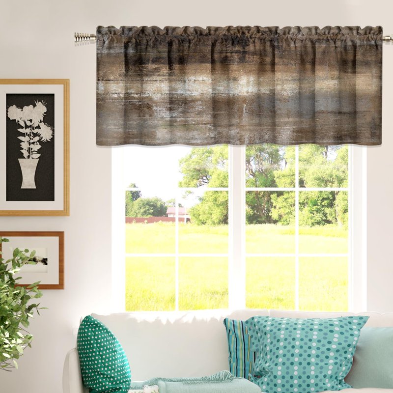 Modern Abstract Kitchen Valance Curtain - Brown Grey, 18x52 Inches