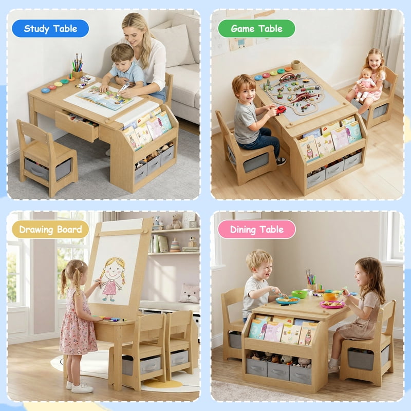 Kids Art Table and Chair Set with Convertible Easel, Storage & Paper Roll Holder